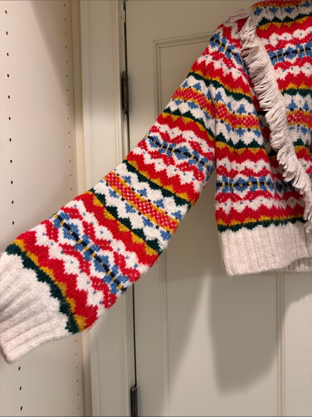 SAYLOR Red, Blue & Green Fair Isle Fringe Cardigan - Picture 5 of 10